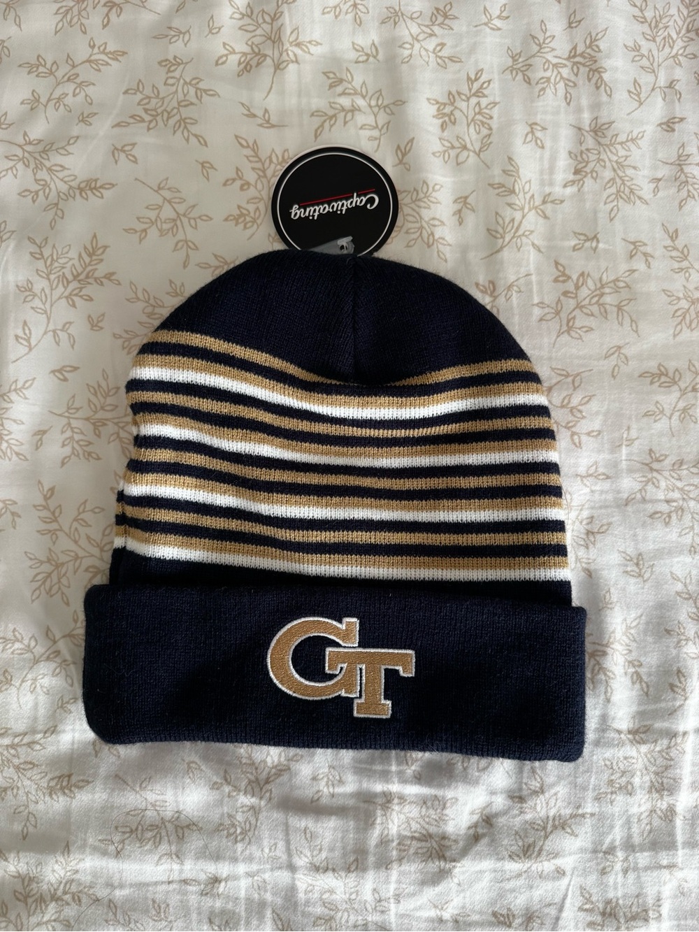 Navy and Gold Striped Cuffed Beanie with GT Logo